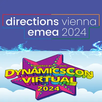 Directions Vienna EMEA 2024 and DynamicsCon Virtual 2024 conference logos stacked on a blue background with lightning graphics.