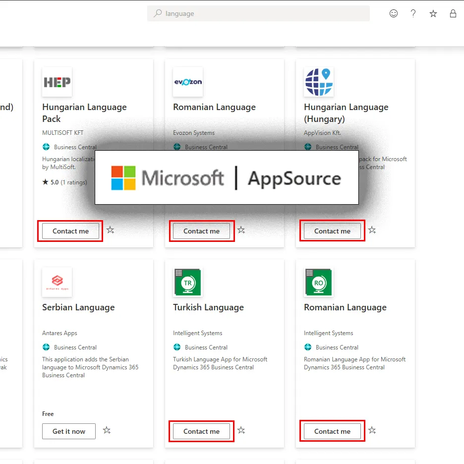 Microsoft AppSource search results for language apps, with a Microsoft AppSource logo overlay and Contact Me buttons highlighted in red.
