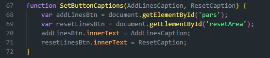 JavaScript function SetButtonCaptions setting innerText for pars and resetArea button elements.