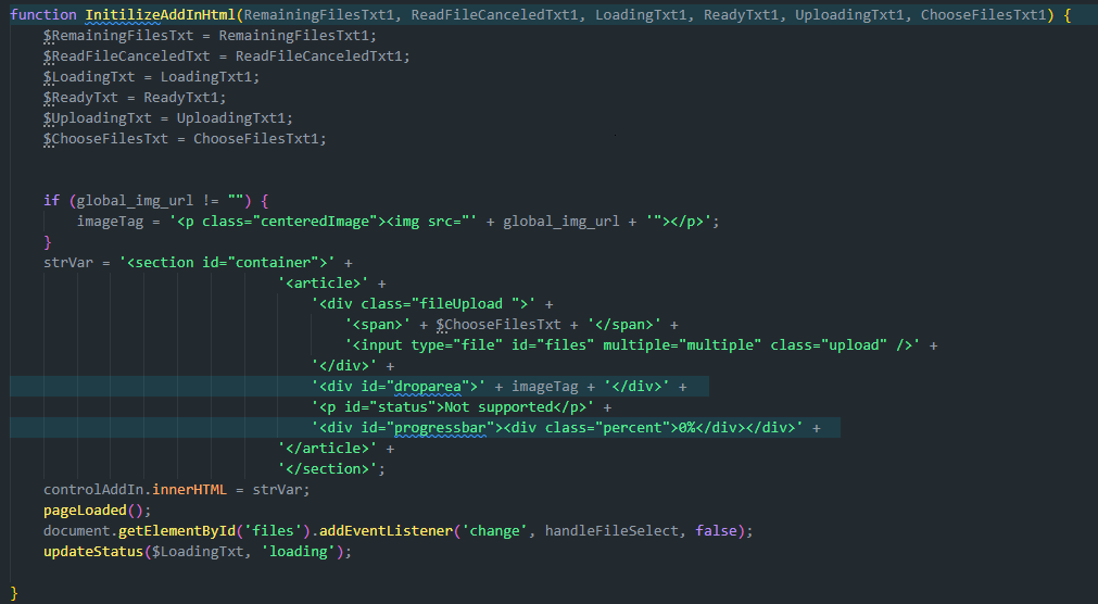JavaScript function InitializeAddInHtml receiving localized text parameters and building drag-and-drop upload HTML.