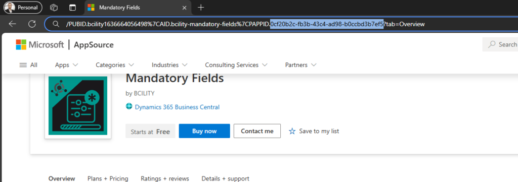 Microsoft AppSource page for the Mandatory Fields app showing Buy now and Contact me options.