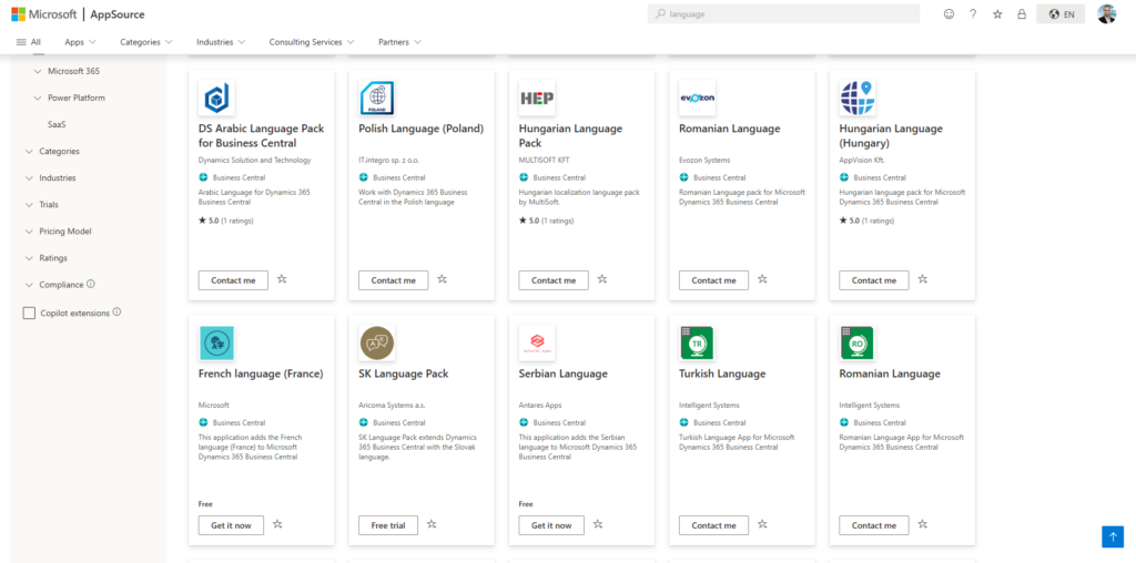 Microsoft AppSource search results for Business Central language apps.