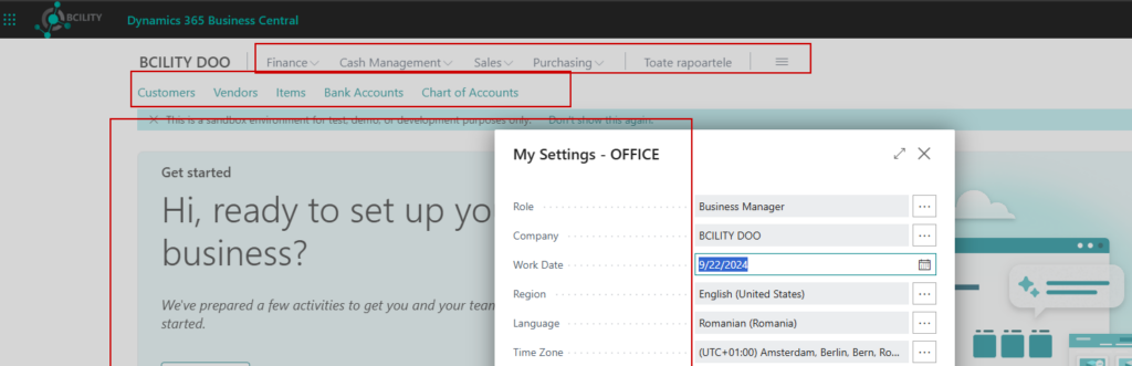 Business Central My Settings dialog in English highlighting language and regional settings.