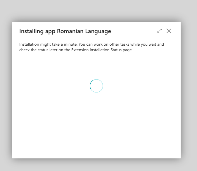 Business Central dialog showing installation in progress for the Romanian Language app.