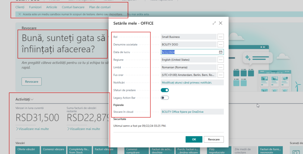 Business Central interface after language app install, with Romanian labels shown in the My Settings dialog.