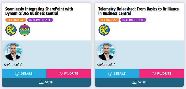 DynamicsCon session cards for Seamlessly Integrating SharePoint with Dynamics 365 Business Central and Telemetry Unleashed by Stefan Šošić.