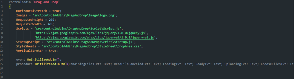 AL controladdin definition for Drag And Drop with OnInitilizeAddIn event and InitializeAddInHtml procedure.