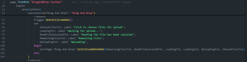 AL page usercontrol trigger OnInitilizeAddIn defining label captions and calling InitializeAddInHtml.