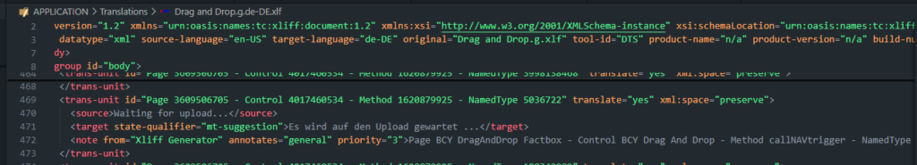 XLF translation file showing generated label text entries such as 'Waiting for upload...'.