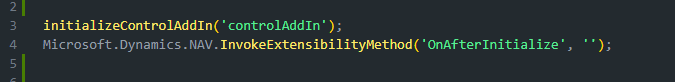 JavaScript initializing the control add-in and invoking the OnAfterInitialize extensibility event.