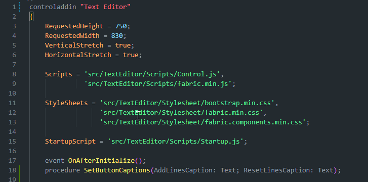 AL controladdin Text Editor definition with event OnAfterInitialize and procedure SetButtonCaptions.