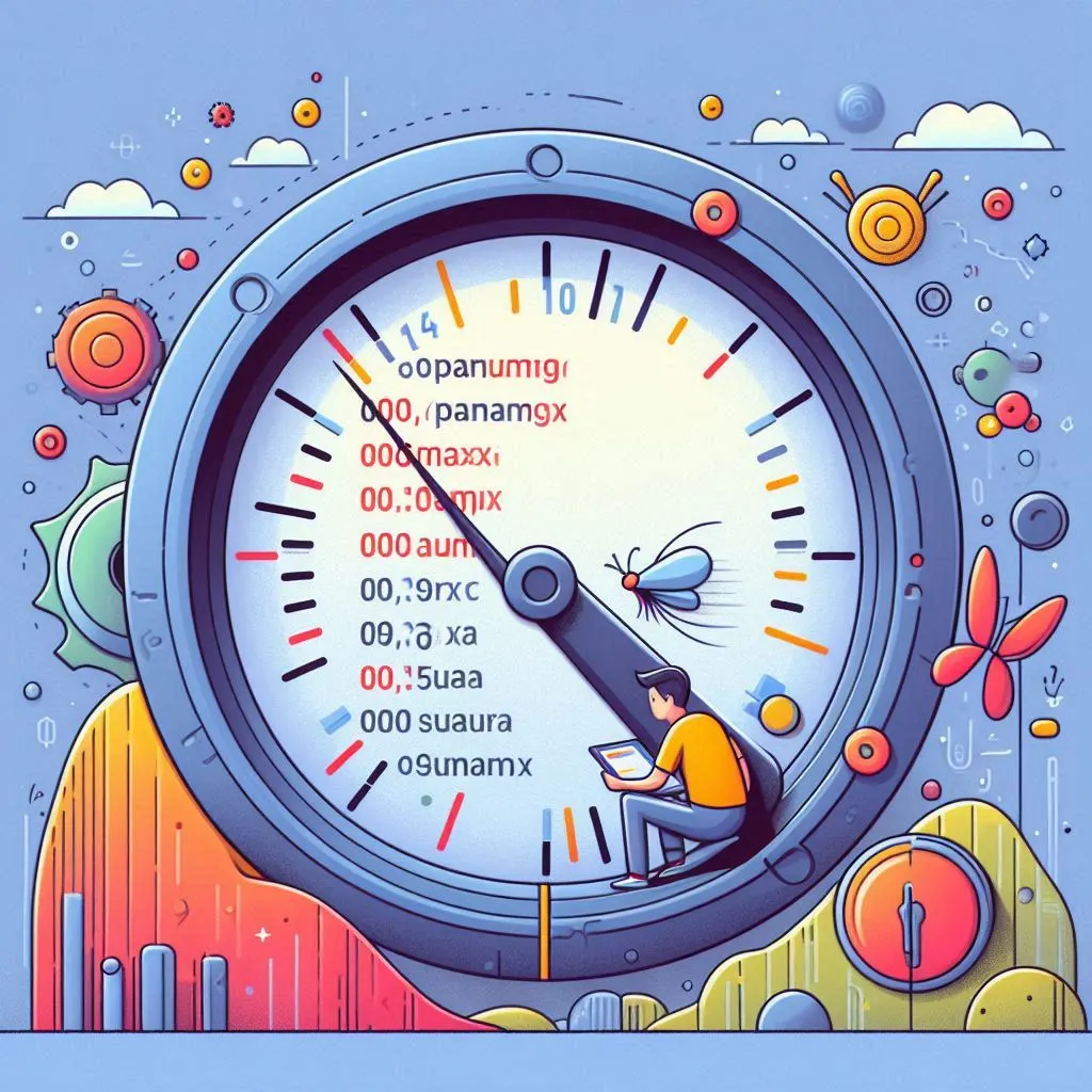 Illustration of an oversized gauge with garbled numeric labels and a person sitting on the needle, illustrating a filter/parameter limit in an SQL query.
