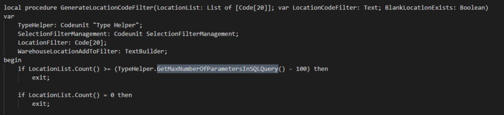 AL procedure GenerateLocationCodeFilter limiting LocationList count using GetMaxNumberOfParametersInSQLQuery.