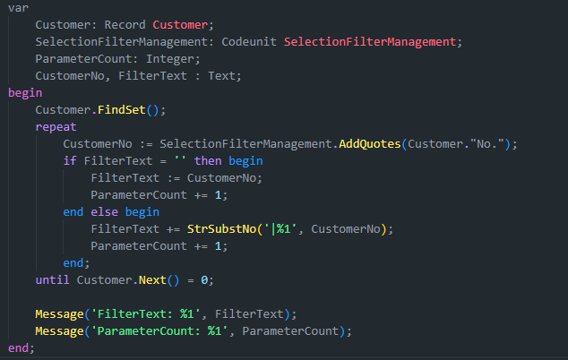 AL test code building a long customer filter string and incrementing ParameterCount.