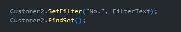 AL snippet applying SetFilter on Customer2 and calling FindSet.