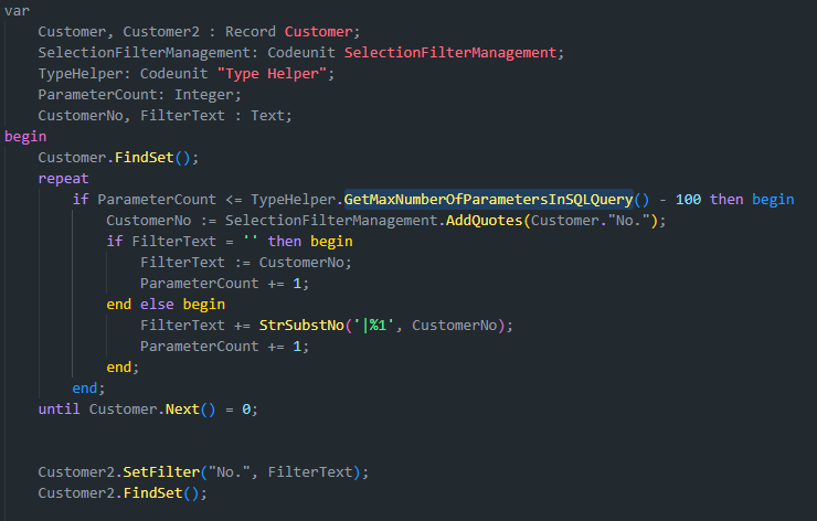 AL code revised to stop adding customers when ParameterCount reaches SQL parameter limit from Type Helper.