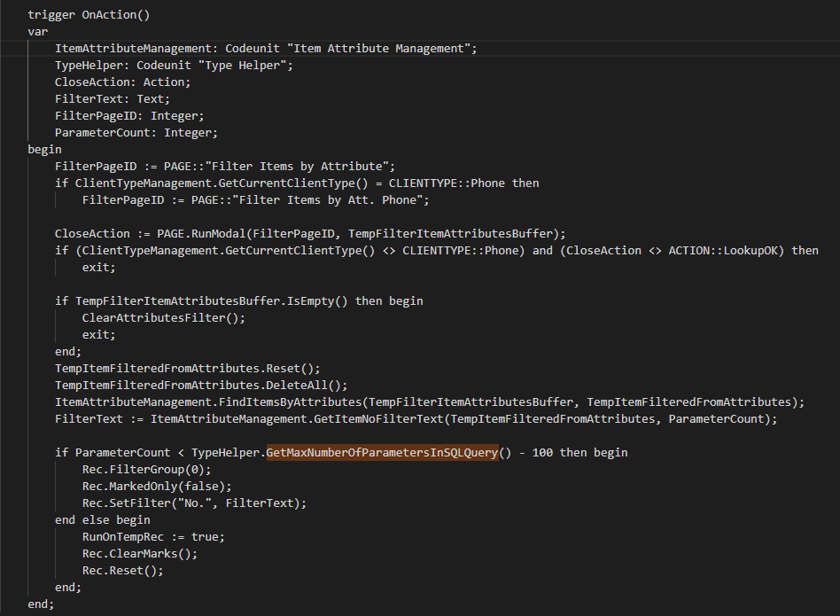 AL OnAction code checking TypeHelper.GetMaxNumberOfParametersInSQLQuery before applying item attribute filters.