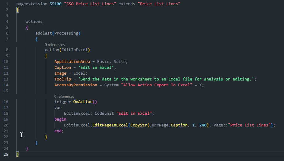 AL pageextension code that adds an Edit in Excel action and calls EditPageInExcel for Price List Lines.
