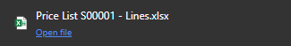 Download notification showing a custom export file name: Price List S00001 - Lines.xlsx.