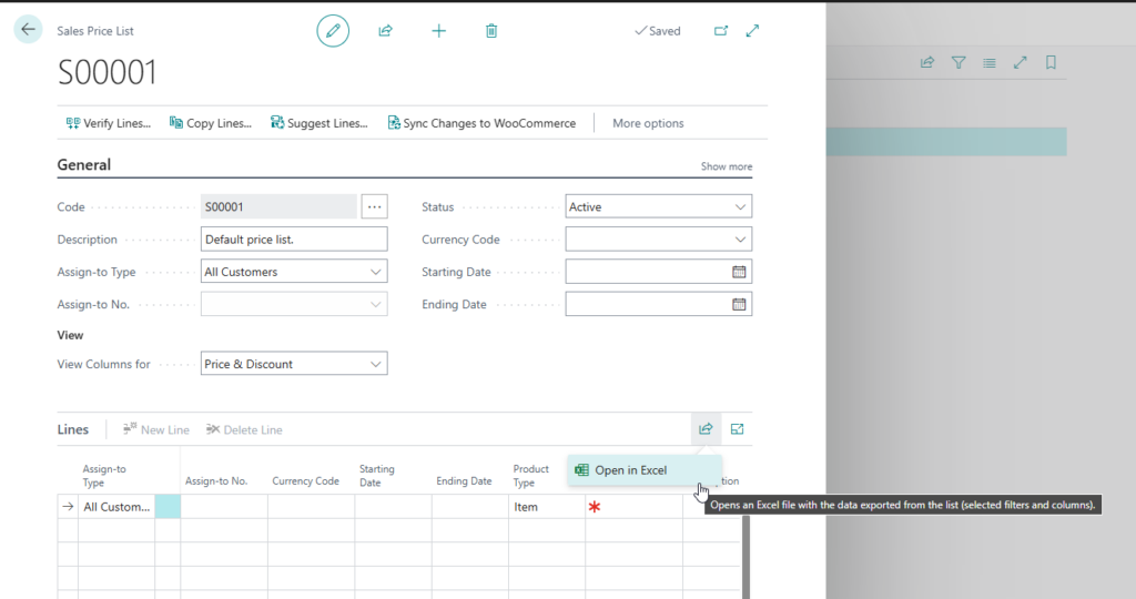 Sales Price List page in Business Central with the Lines action menu showing Open in Excel.