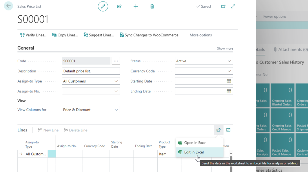 Sales Price List page with the Lines menu expanded, showing Open in Excel and Edit in Excel options.