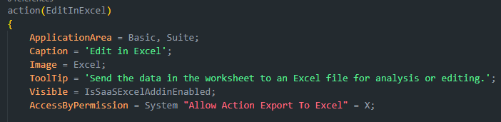AL EditInExcel action definition with Visible bound to IsSaaSExcelAddinEnabled.