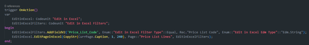 AL OnAction trigger code that adds an Edit in Excel filter for Price_List_Code before calling EditPageInExcel.
