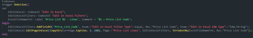 AL code adding ExcelFileNameTxt and using StrSubstNo to set a custom export file name.