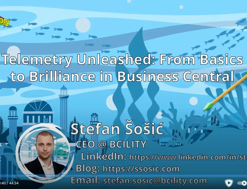 Conference presentation title slide for Telemetry Unleashed: From Basics to Brilliance in Business Central, by speaker Stefan Šošić, CEO at Bcility.