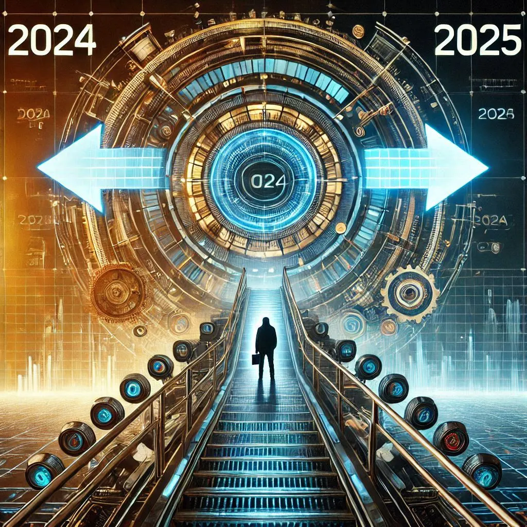 Futuristic staircase leading to a glowing circular portal, with 2024 on the left and 2025 on the right, illustrating the transition from 2024 to 2025.