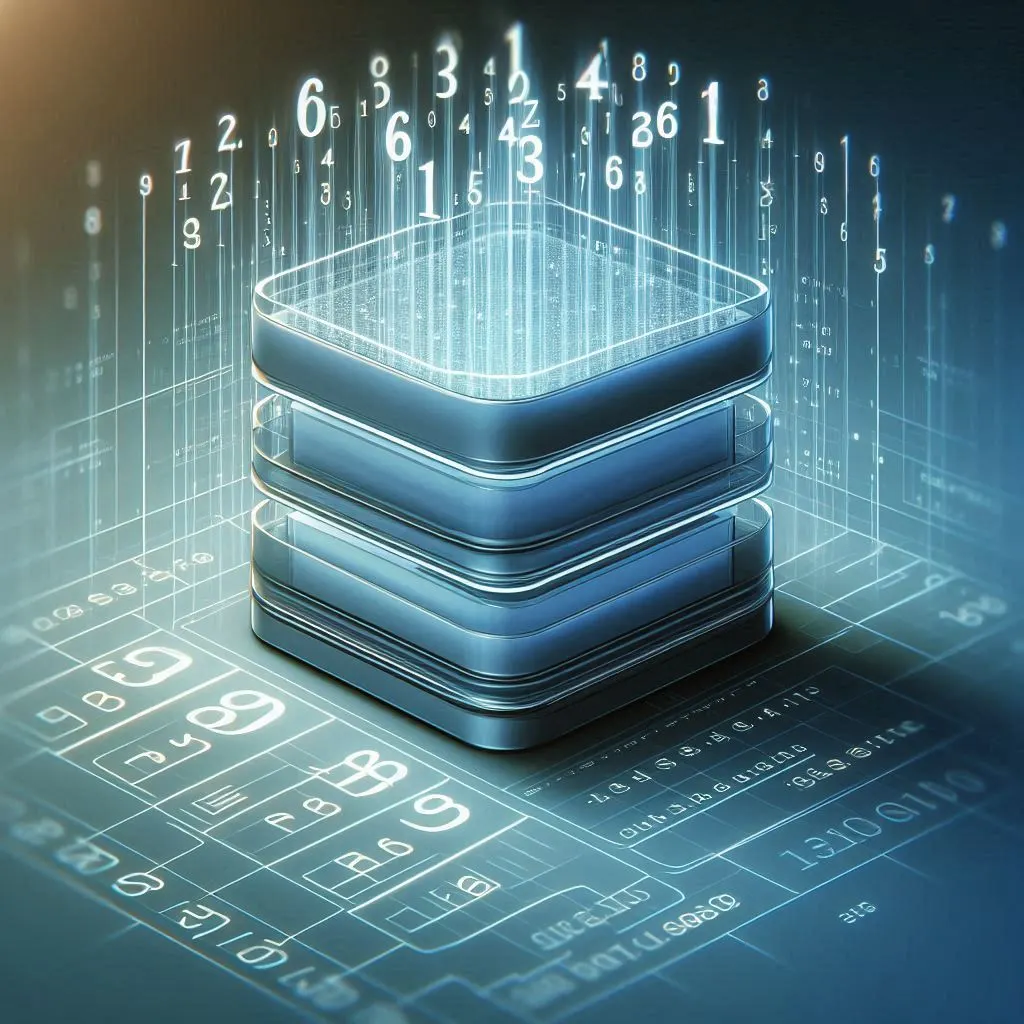 Illustration of a glowing stacked database cube with floating numbers above it, illustrating AutoIncrement for entry tables.