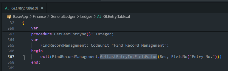 AL code in GLEntry.Table.al showing procedure GetLastEntryNo that calls FindRecordManagement.GetLastEntryIntFieldValue.