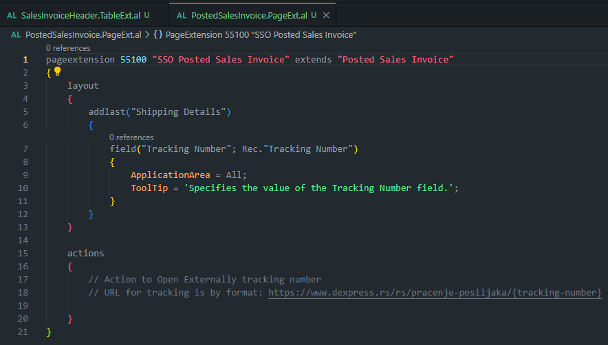 A page extension on Posted Sales Invoice, with comments describing the action and the tracking URL format