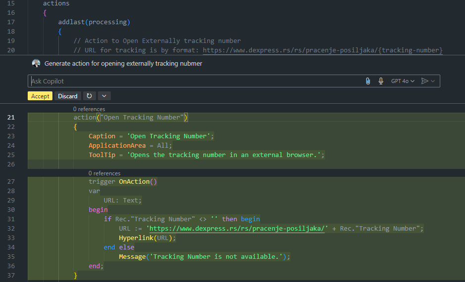 The Copilot inline prompt generating the action, with a hyperlink and a hardcoded message