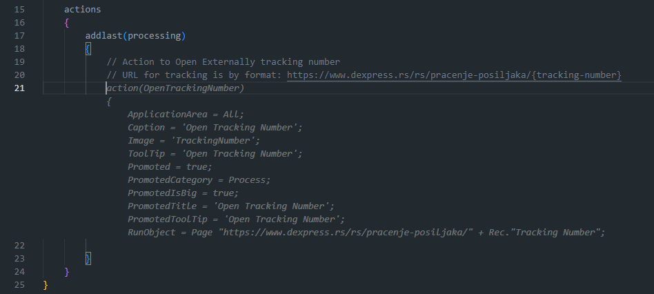 Copilot using those comments to suggest a complete Open Tracking Number action