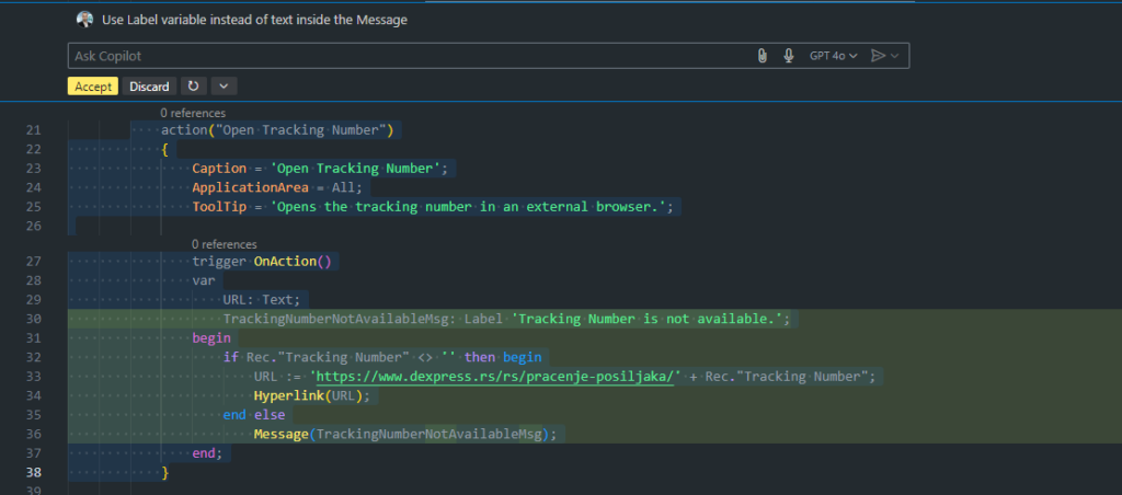 A follow-up prompt asking Copilot to replace the hardcoded text with a Label variable