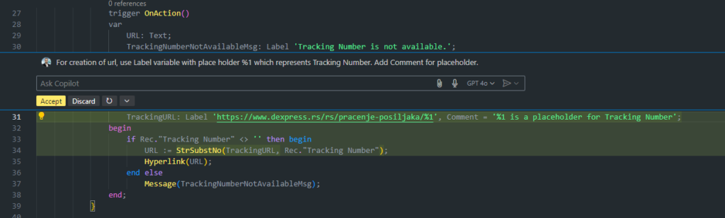 Another prompt turning the URL into a Label with a %1 placeholder and a comment