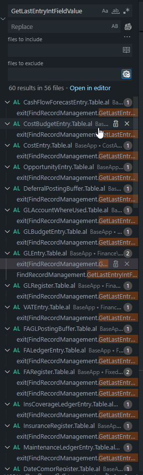 VS Code search results for GetLastEntryIntFieldValue across many Base App entry tables.