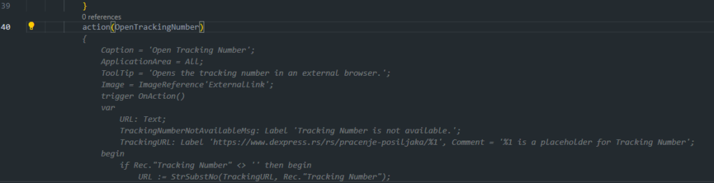 The same action named OpenTrackingNumber, which Copilot completes with a matching caption, tooltip and image