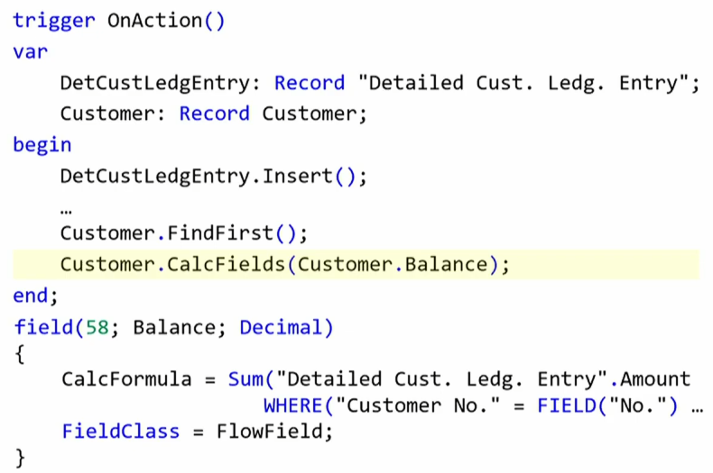 AL inserting a ledger entry and then calling CalcFields on a Balance FlowField, with the field definition below