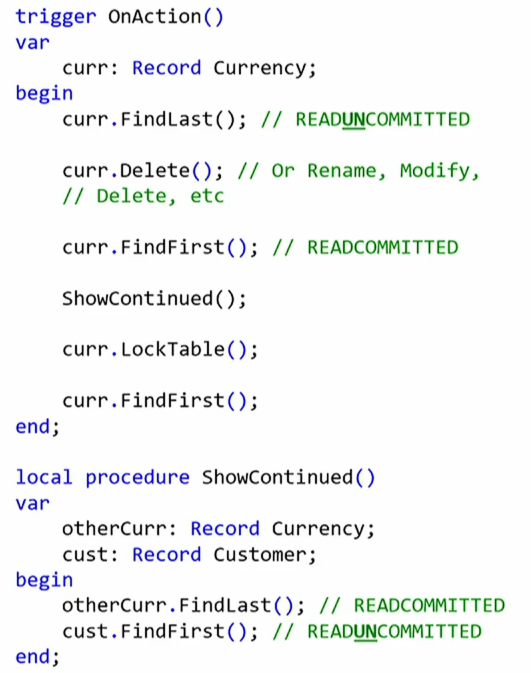Annotated AL showing which statements read uncommitted and which read committed once tri-state locking applies