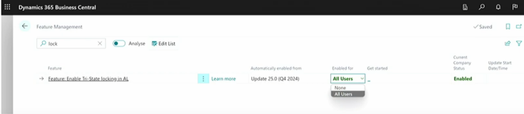 Feature Management with Enable Tri-State locking in AL turned on for all users