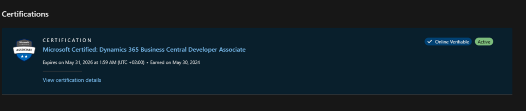 The Microsoft Certified Dynamics 365 Business Central Developer Associate certification, active until May 2026