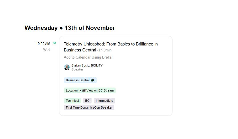 The DynamicsCon Virtual agenda entry for the Telemetry Unleashed session
