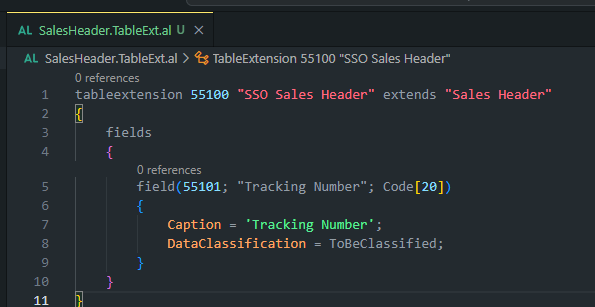 A table extension on Sales Header adding a Tracking Number field