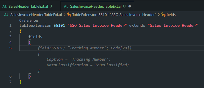 Copilot suggesting the identical field for a Sales Invoice Header extension, in grey ghost text