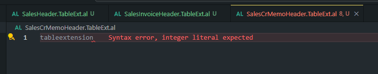 A new AL file containing only the word tableextension, reporting a syntax error