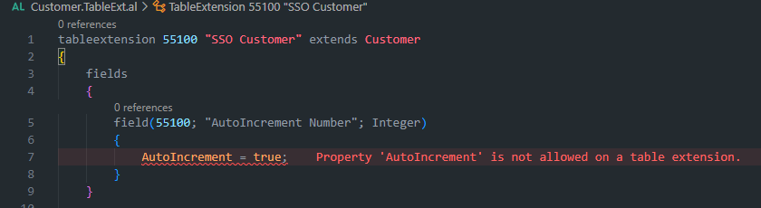 AL table extension code showing an error that AutoIncrement is not allowed on table extension fields.