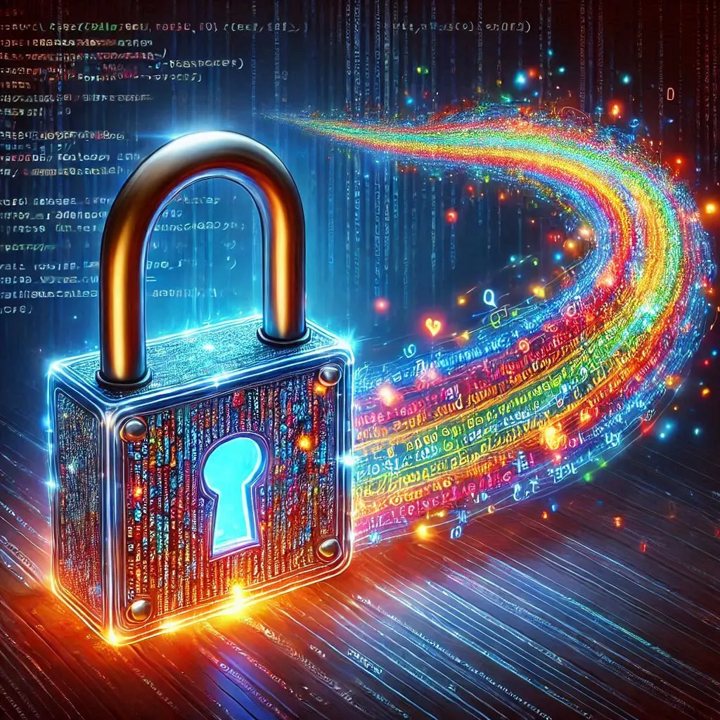 Illustration of a glowing padlock with a keyhole against a code background, streams of colorful data flowing from it, illustrating locking and isolation levels.