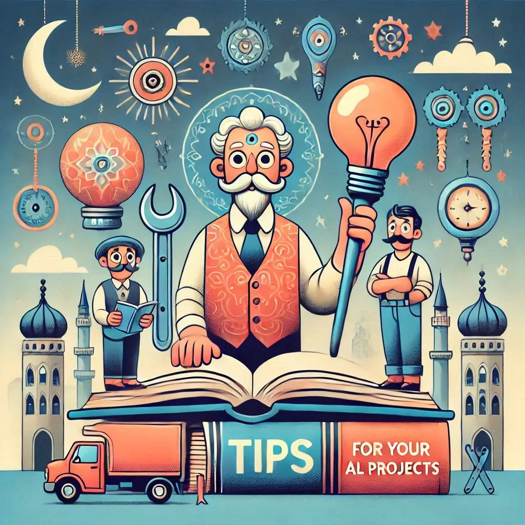 Whimsical illustration of a wise figure holding a lightbulb standing on an open book labeled Tips for your AL Projects, flanked by two assistants.